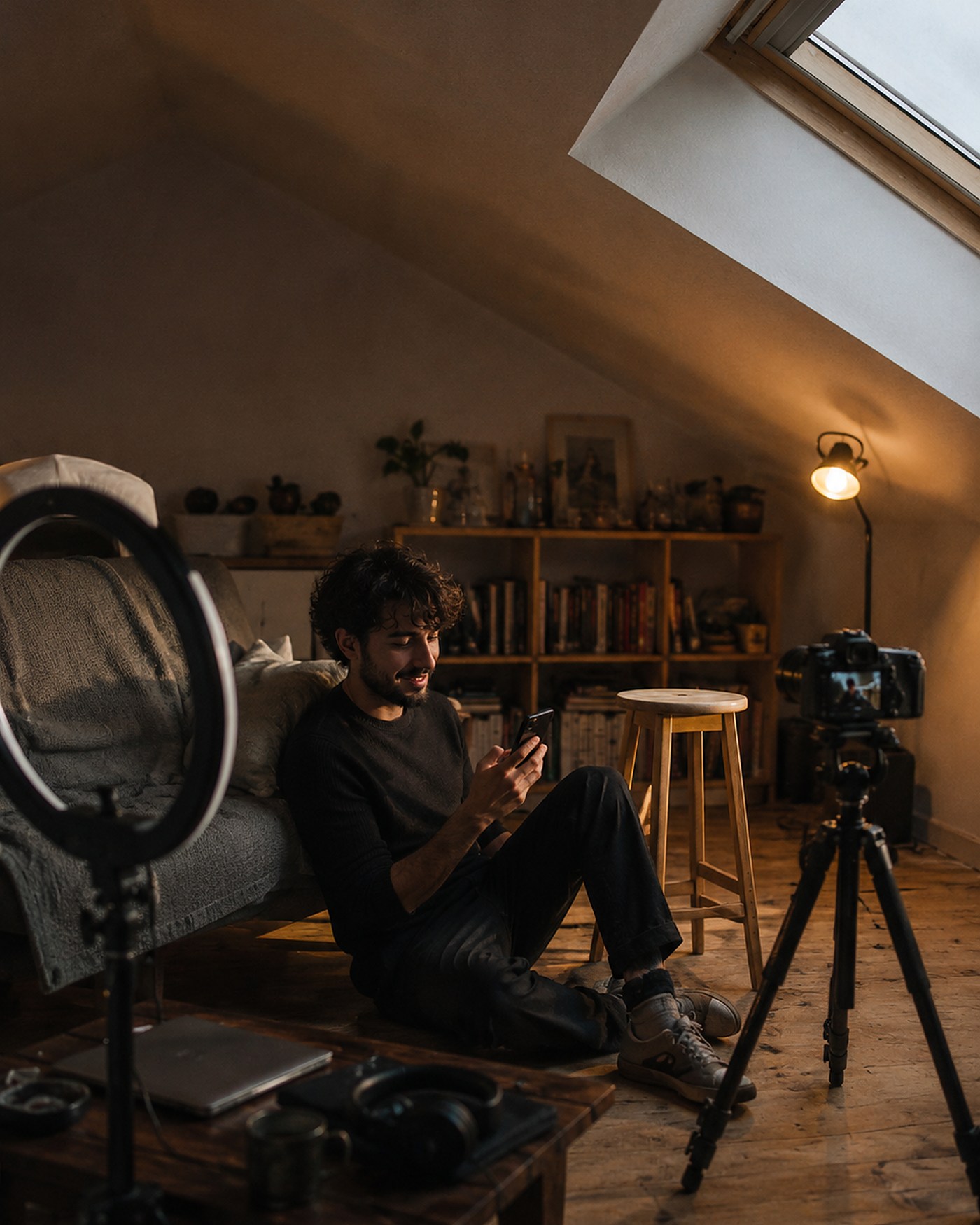 Un creator seduto a terra nella sua mansarda, telefono in mano, con la camera su treppiede e la luce ad anello spente accanto
