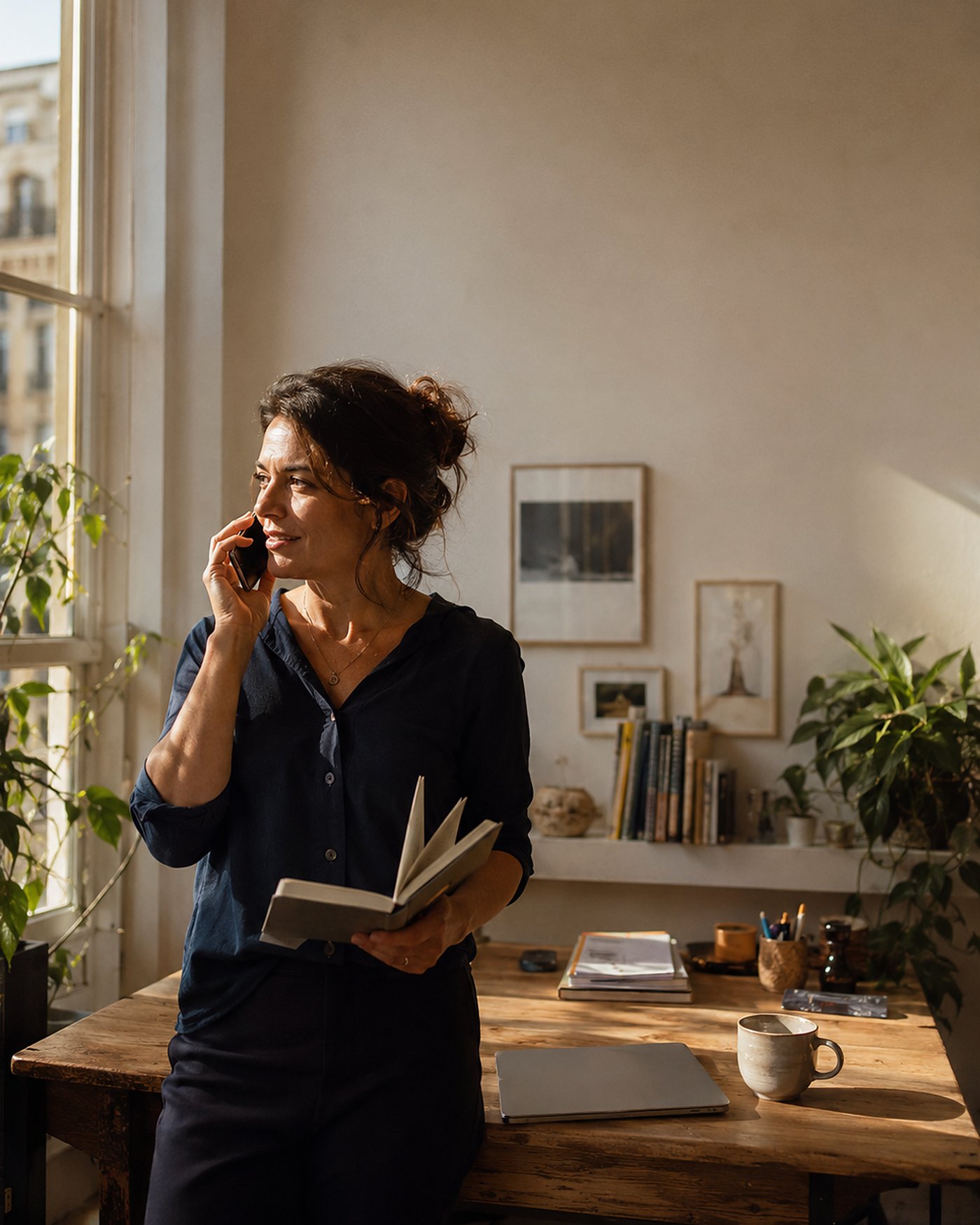 Una consulente al telefono nel suo studio in casa, con un taccuino in mano e la luce del pomeriggio dalla finestra